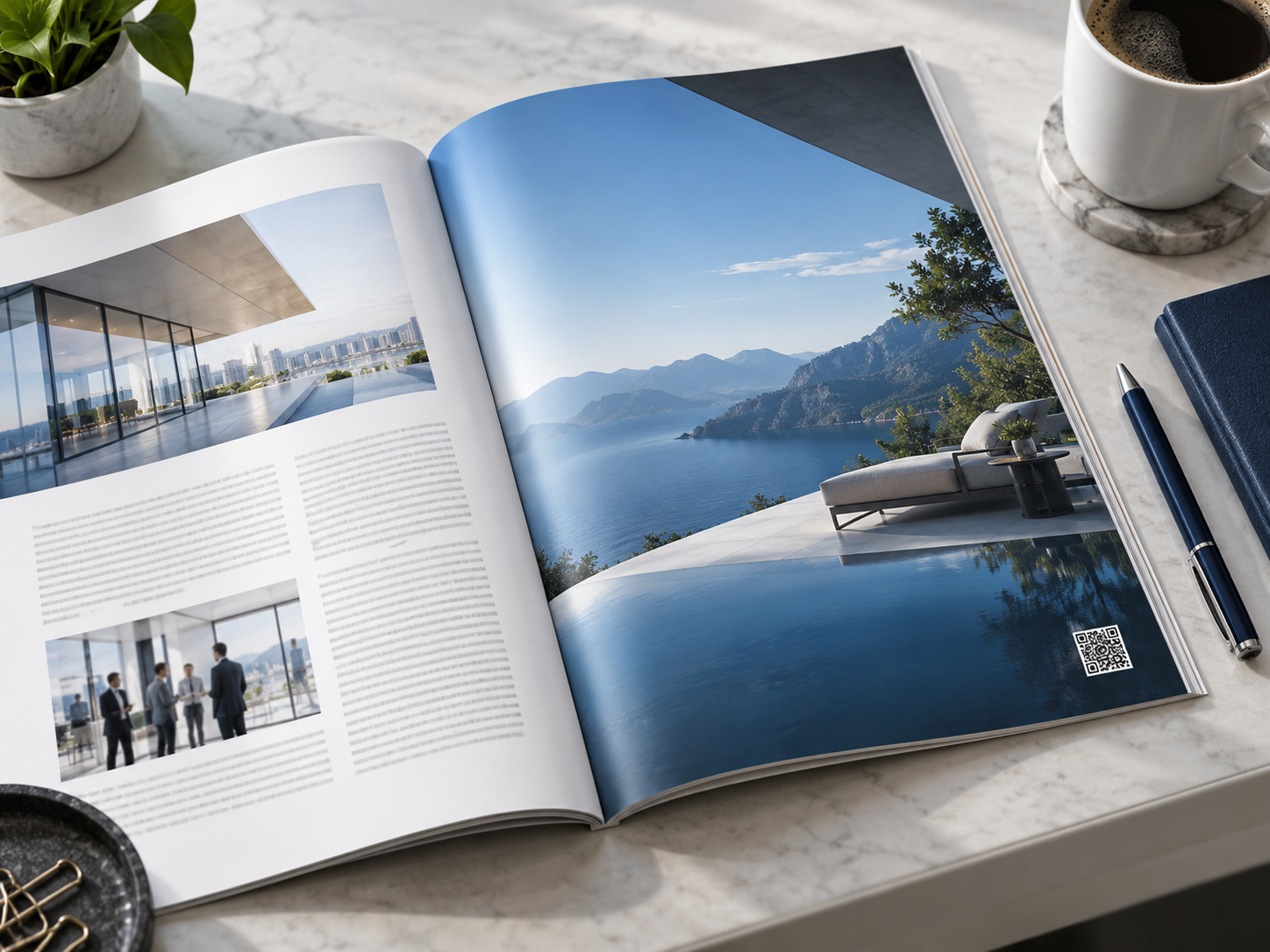 Industry magazine advertisement mockup with a QR code