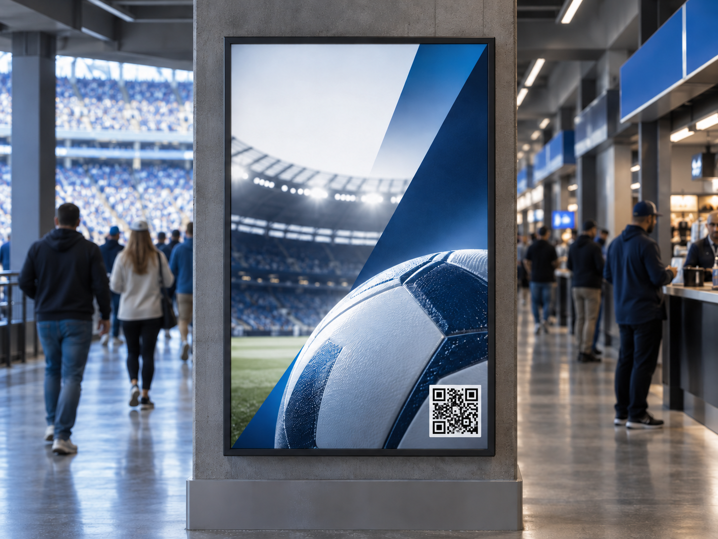 Illustrative stadium sponsorship sign with a QR code